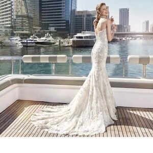 Eddy K Sky Collection Ivory Gold Silver Beaded Lace Wedding Gown Sz 12  NWT